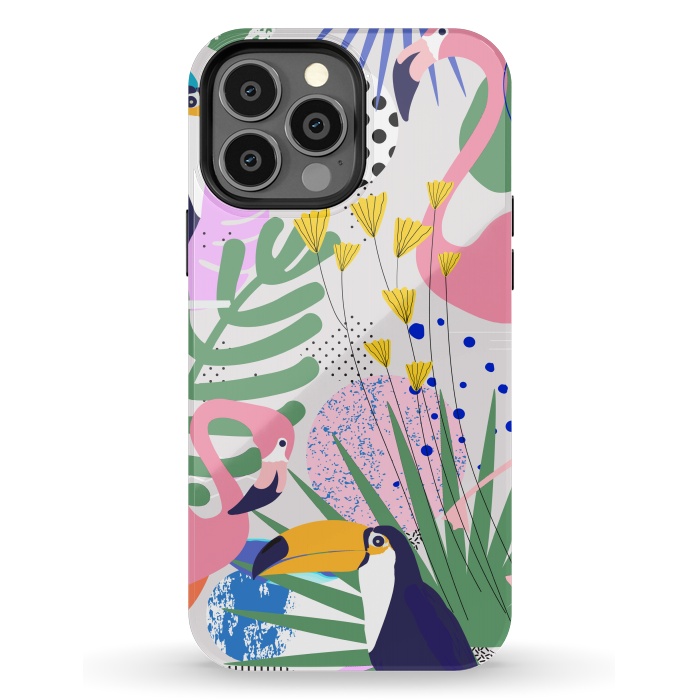 iPhone 13 Pro Max StrongFit Tropical Spring | Pastel Quirky Modern Bohemian Jungle Botanical | Flamingo Palm Cockatoo Birds by Uma Prabhakar Gokhale