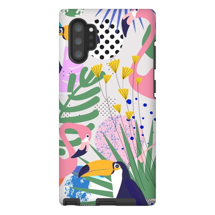 Galaxy Note 10 plus StrongFit Tropical Spring | Pastel Quirky Modern Bohemian Jungle Botanical | Flamingo Palm Cockatoo Birds by Uma Prabhakar Gokhale