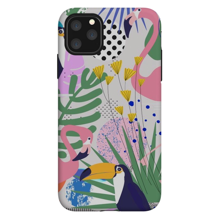 iPhone 11 Pro Max StrongFit Tropical Spring | Pastel Quirky Modern Bohemian Jungle Botanical | Flamingo Palm Cockatoo Birds by Uma Prabhakar Gokhale