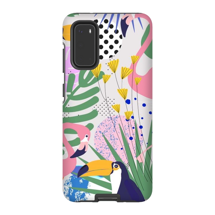 Galaxy S20 StrongFit Tropical Spring | Pastel Quirky Modern Bohemian Jungle Botanical | Flamingo Palm Cockatoo Birds by Uma Prabhakar Gokhale