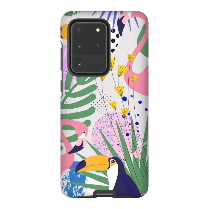 Galaxy S20 Ultra StrongFit Tropical Spring | Pastel Quirky Modern Bohemian Jungle Botanical | Flamingo Palm Cockatoo Birds by Uma Prabhakar Gokhale