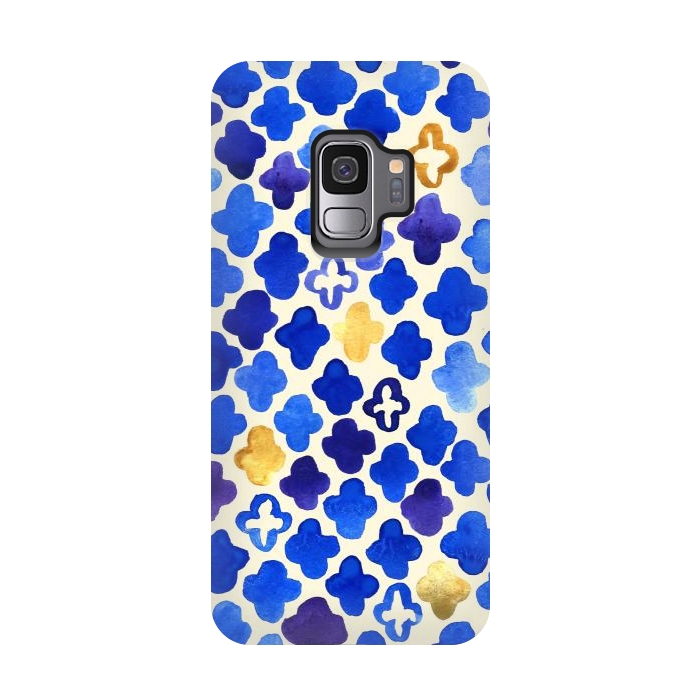 Galaxy S9 StrongFit Rustic Watercolor Moroccan in Royal Blue & Gold by Tangerine-Tane