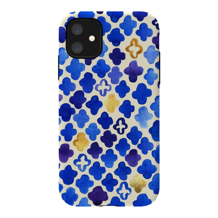 iPhone 11 StrongFit Rustic Watercolor Moroccan in Royal Blue & Gold by Tangerine-Tane