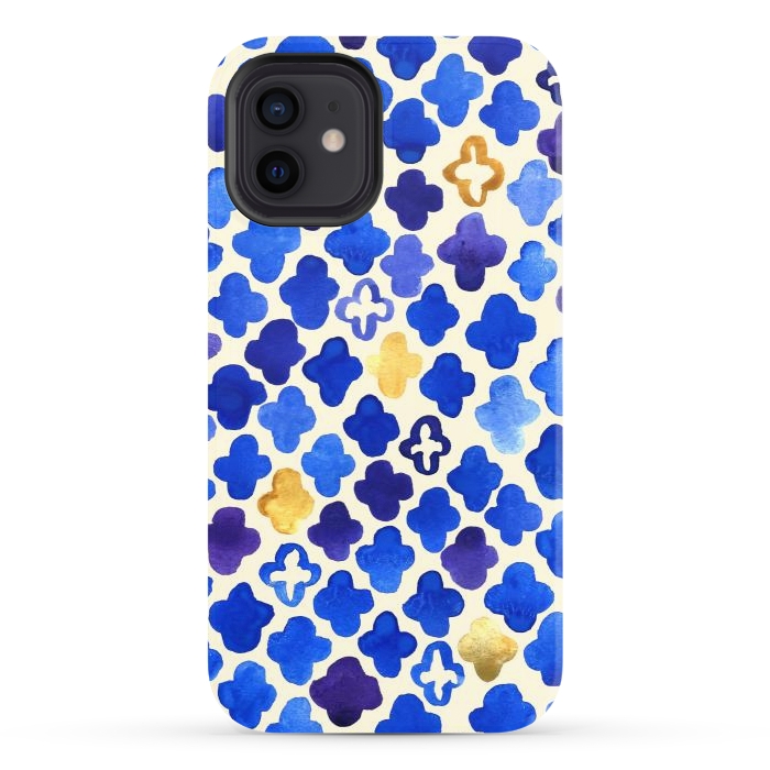 iPhone 12 StrongFit Rustic Watercolor Moroccan in Royal Blue & Gold by Tangerine-Tane
