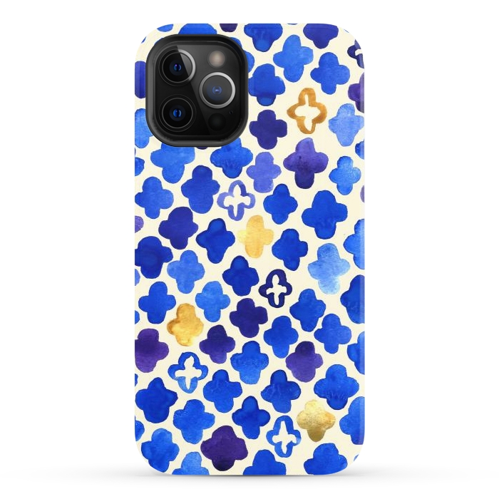 iPhone 12 Pro StrongFit Rustic Watercolor Moroccan in Royal Blue & Gold by Tangerine-Tane
