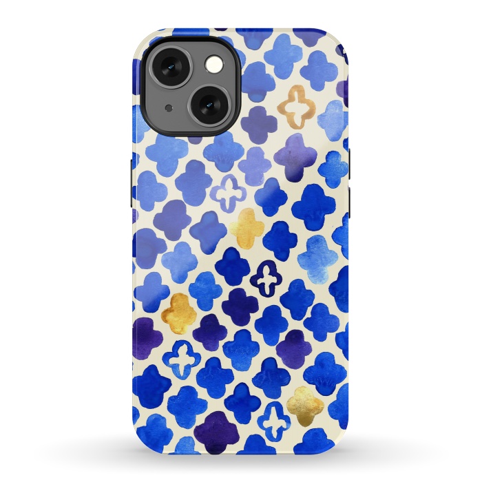 iPhone 13 StrongFit Rustic Watercolor Moroccan in Royal Blue & Gold by Tangerine-Tane