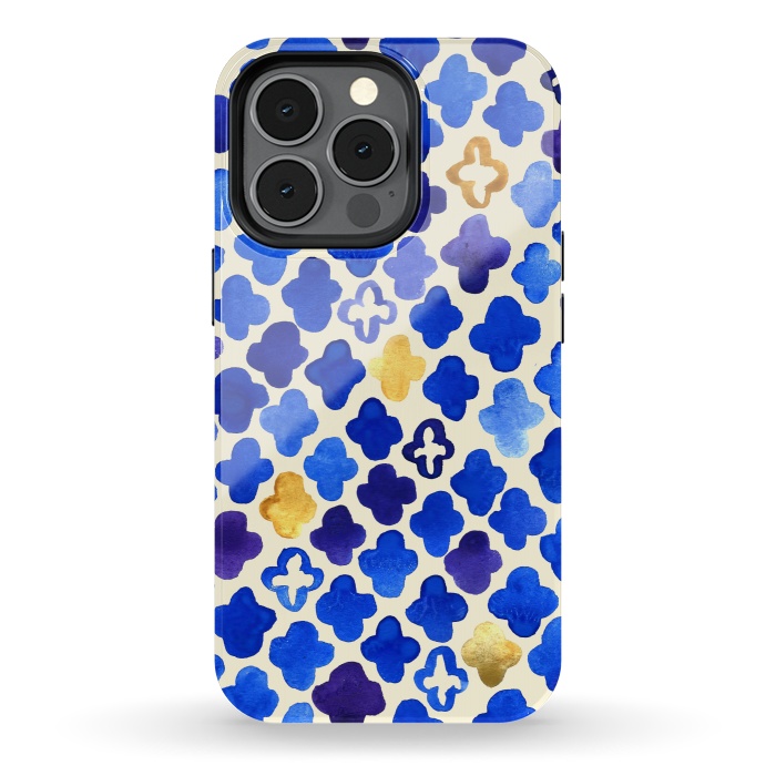 iPhone 13 pro StrongFit Rustic Watercolor Moroccan in Royal Blue & Gold by Tangerine-Tane