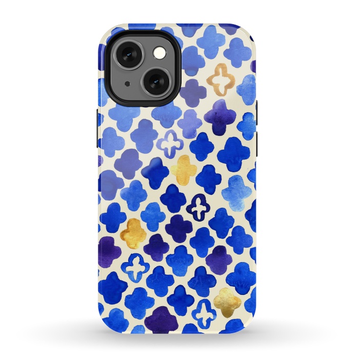 iPhone 13 mini StrongFit Rustic Watercolor Moroccan in Royal Blue & Gold by Tangerine-Tane