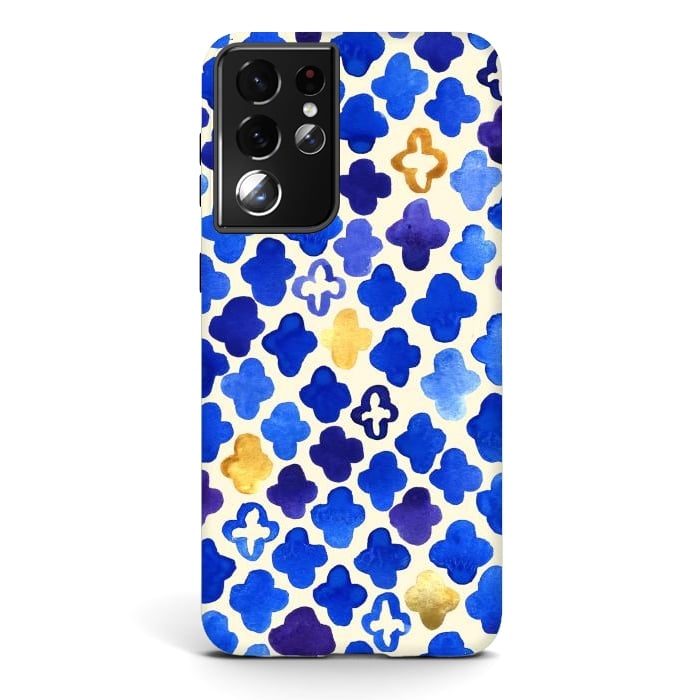 Galaxy S21 ultra StrongFit Rustic Watercolor Moroccan in Royal Blue & Gold by Tangerine-Tane