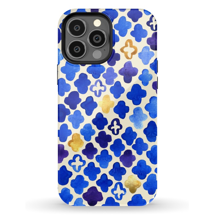 iPhone 13 Pro Max StrongFit Rustic Watercolor Moroccan in Royal Blue & Gold by Tangerine-Tane