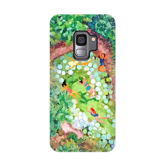 Galaxy S9 StrongFit Tropical Vacay | Rainforest Jungle Botanical Lush Nature | Summer Lake People Swim | Boho Painting by Uma Prabhakar Gokhale