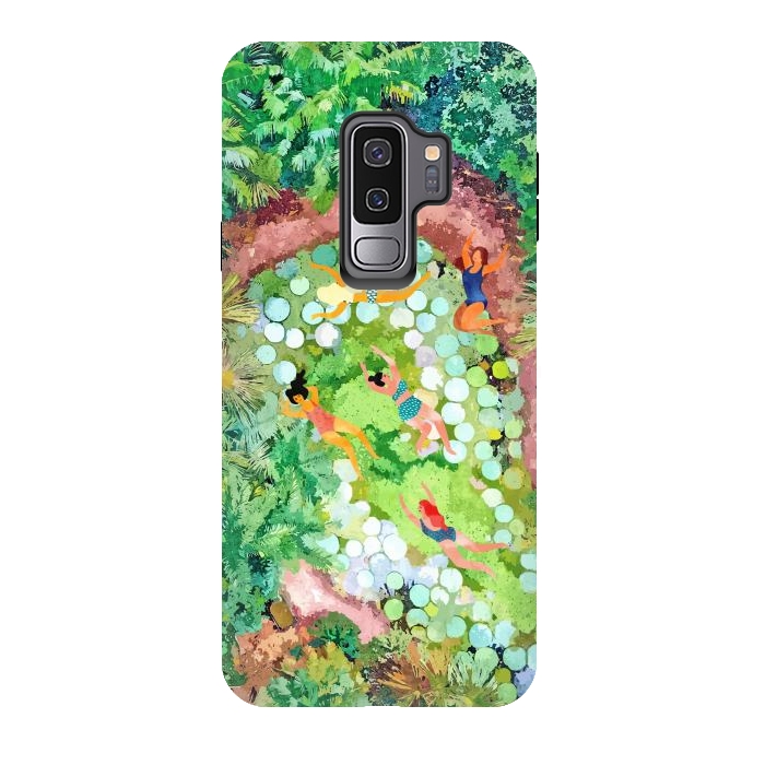 Galaxy S9 plus StrongFit Tropical Vacay | Rainforest Jungle Botanical Lush Nature | Summer Lake People Swim | Boho Painting by Uma Prabhakar Gokhale