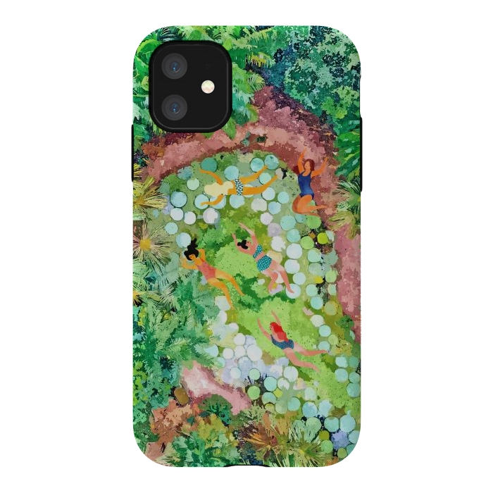 iPhone 11 StrongFit Tropical Vacay | Rainforest Jungle Botanical Lush Nature | Summer Lake People Swim | Boho Painting by Uma Prabhakar Gokhale