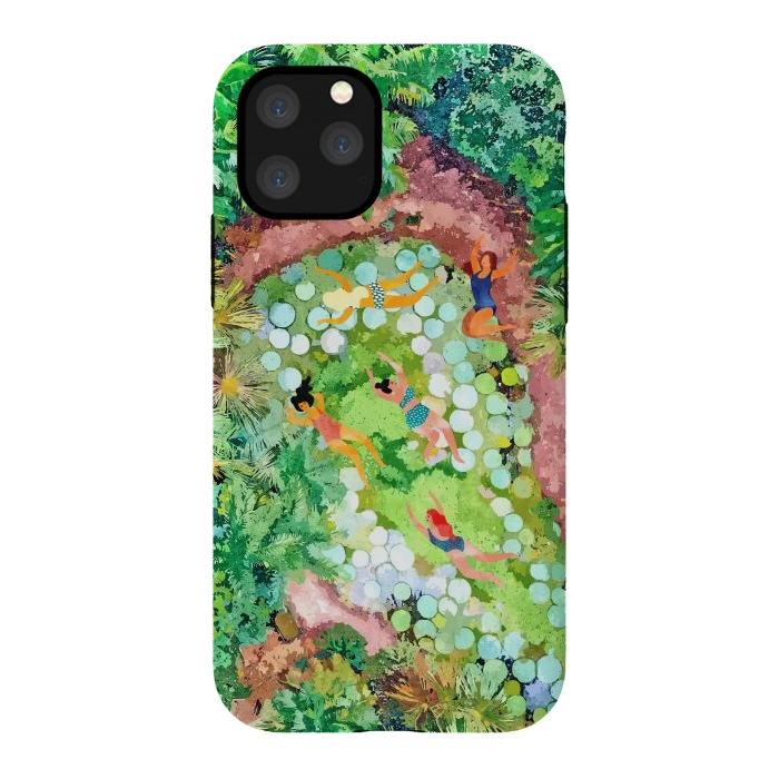 iPhone 11 Pro StrongFit Tropical Vacay | Rainforest Jungle Botanical Lush Nature | Summer Lake People Swim | Boho Painting by Uma Prabhakar Gokhale