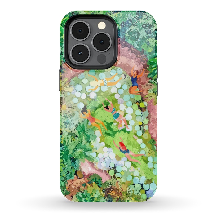 iPhone 13 pro StrongFit Tropical Vacay | Rainforest Jungle Botanical Lush Nature | Summer Lake People Swim | Boho Painting by Uma Prabhakar Gokhale