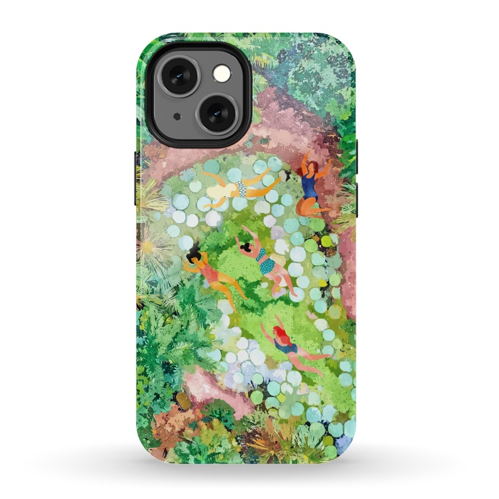 iPhone 13 mini StrongFit Tropical Vacay | Rainforest Jungle Botanical Lush Nature | Summer Lake People Swim | Boho Painting by Uma Prabhakar Gokhale