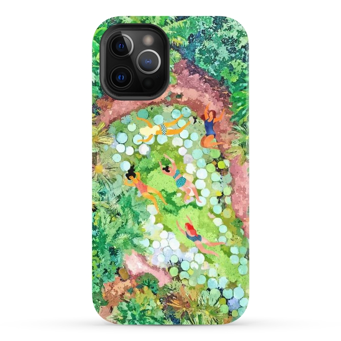 iPhone 12 Pro Max StrongFit Tropical Vacay | Rainforest Jungle Botanical Lush Nature | Summer Lake People Swim | Boho Painting by Uma Prabhakar Gokhale