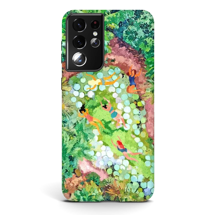 Galaxy S21 ultra StrongFit Tropical Vacay | Rainforest Jungle Botanical Lush Nature | Summer Lake People Swim | Boho Painting by Uma Prabhakar Gokhale