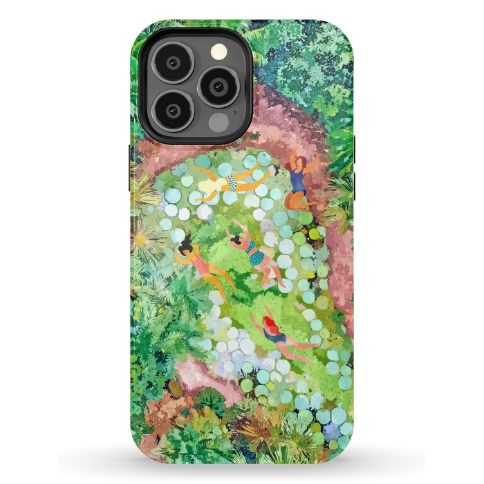 iPhone 13 Pro Max StrongFit Tropical Vacay | Rainforest Jungle Botanical Lush Nature | Summer Lake People Swim | Boho Painting by Uma Prabhakar Gokhale