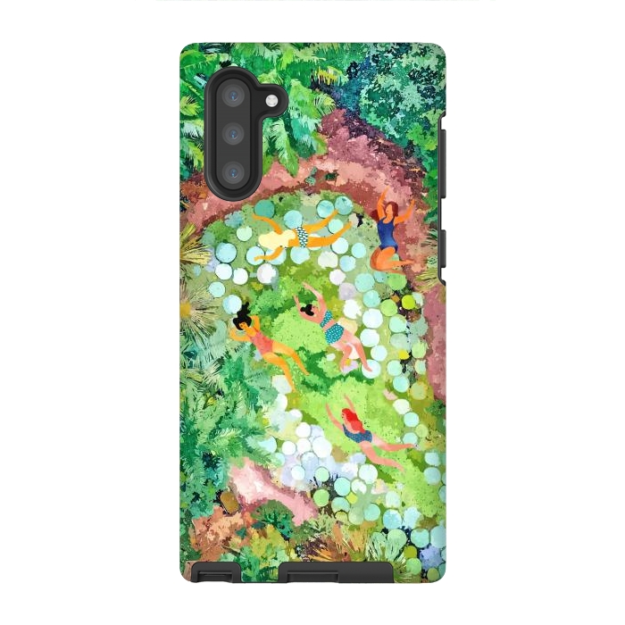 Galaxy Note 10 StrongFit Tropical Vacay | Rainforest Jungle Botanical Lush Nature | Summer Lake People Swim | Boho Painting by Uma Prabhakar Gokhale
