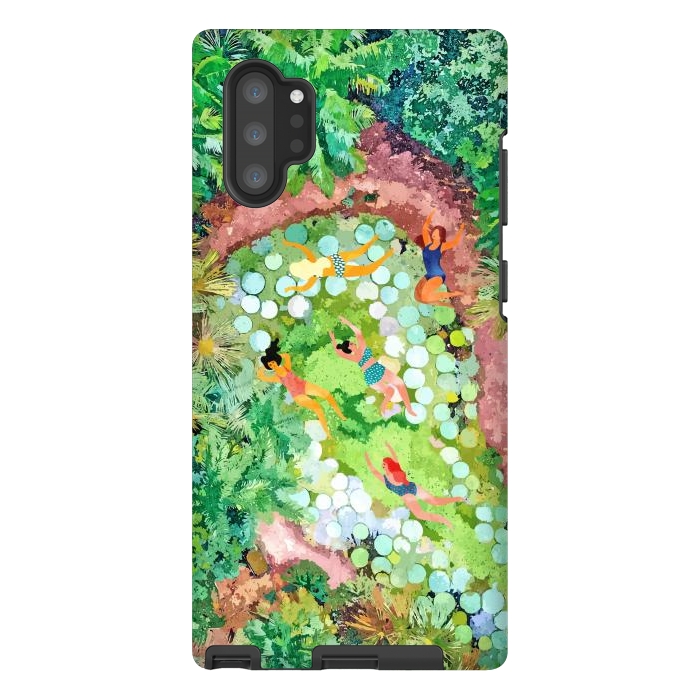 Galaxy Note 10 plus StrongFit Tropical Vacay | Rainforest Jungle Botanical Lush Nature | Summer Lake People Swim | Boho Painting by Uma Prabhakar Gokhale