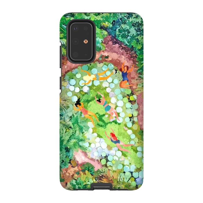 Galaxy S20 Plus StrongFit Tropical Vacay | Rainforest Jungle Botanical Lush Nature | Summer Lake People Swim | Boho Painting by Uma Prabhakar Gokhale