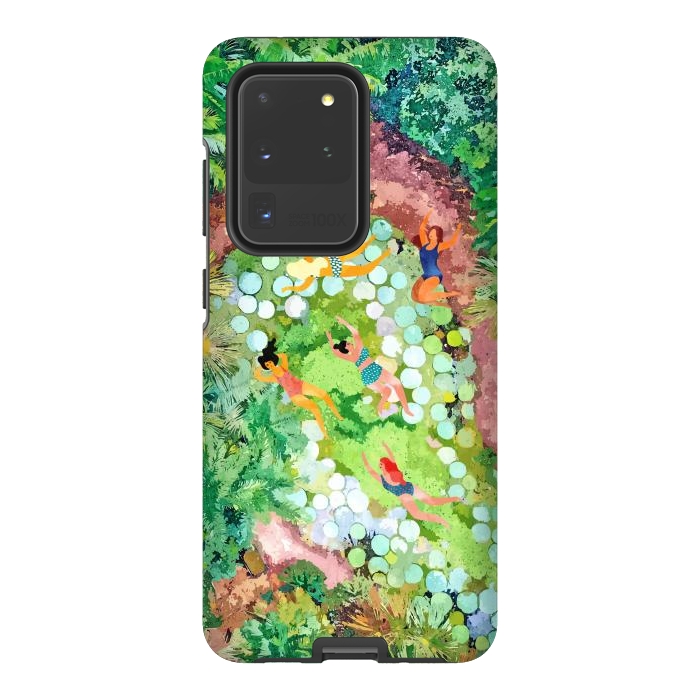 Galaxy S20 Ultra StrongFit Tropical Vacay | Rainforest Jungle Botanical Lush Nature | Summer Lake People Swim | Boho Painting by Uma Prabhakar Gokhale