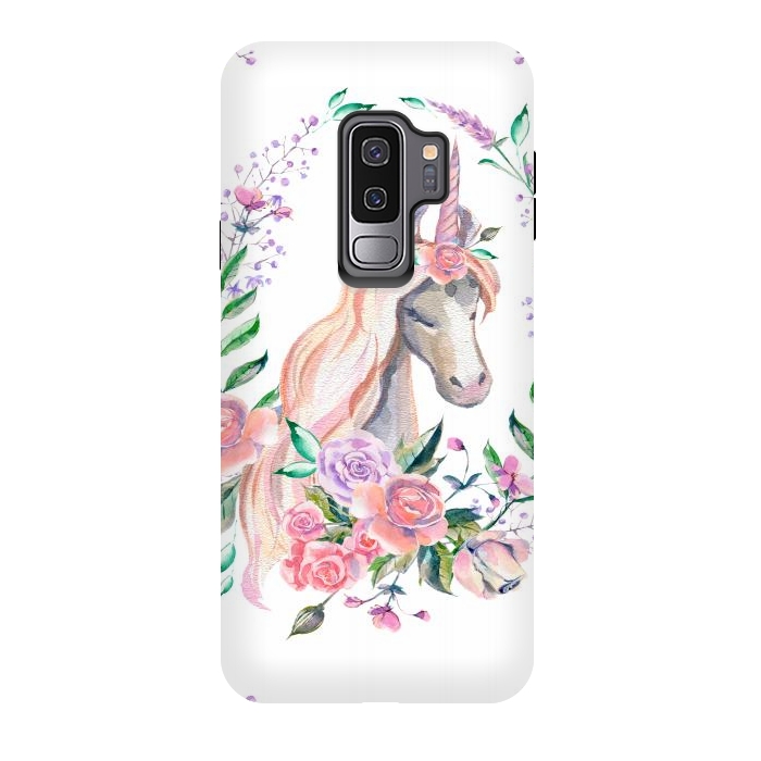 Galaxy S9 plus StrongFit watercolor floral unicorn by haroulita