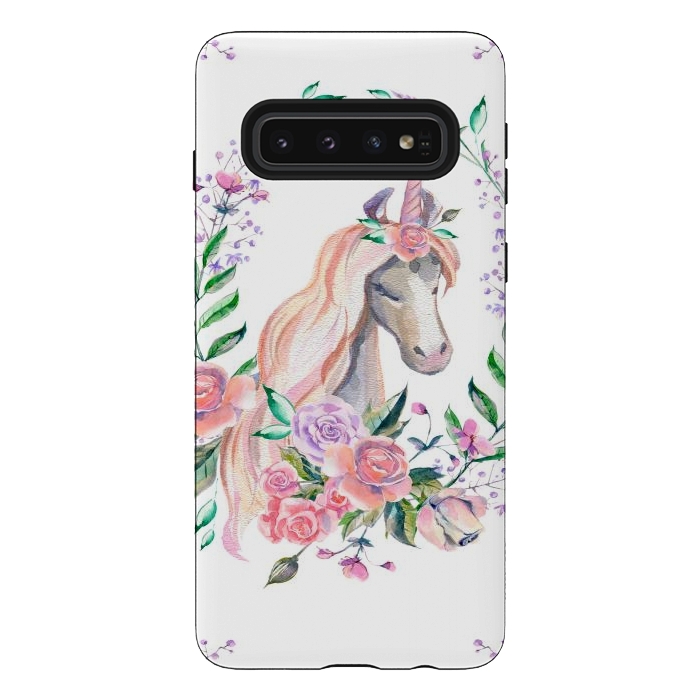 Galaxy S10 StrongFit watercolor floral unicorn by haroulita