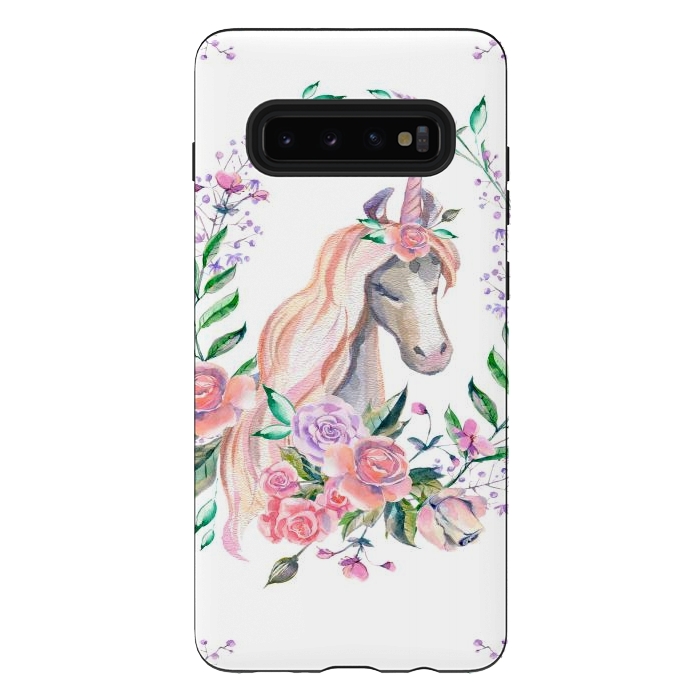 Galaxy S10 plus StrongFit watercolor floral unicorn by haroulita