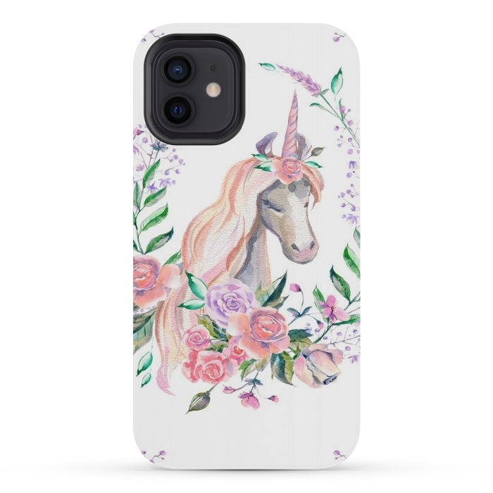 iPhone 12 mini StrongFit watercolor floral unicorn by haroulita