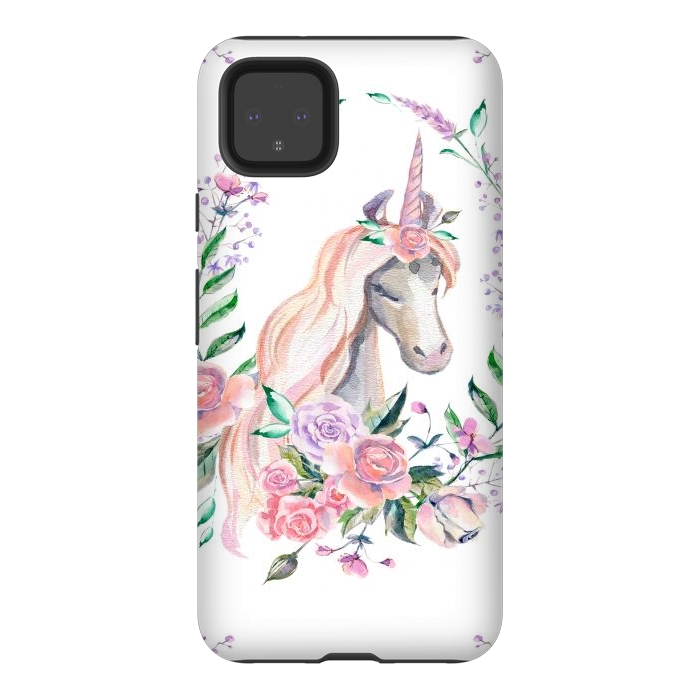 Pixel 4XL StrongFit watercolor floral unicorn by haroulita