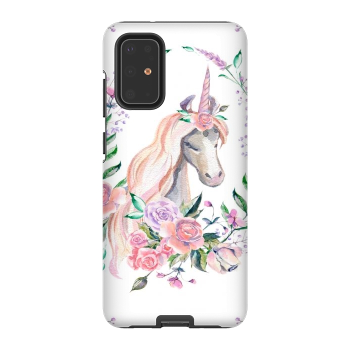 Galaxy S20 Plus StrongFit watercolor floral unicorn by haroulita