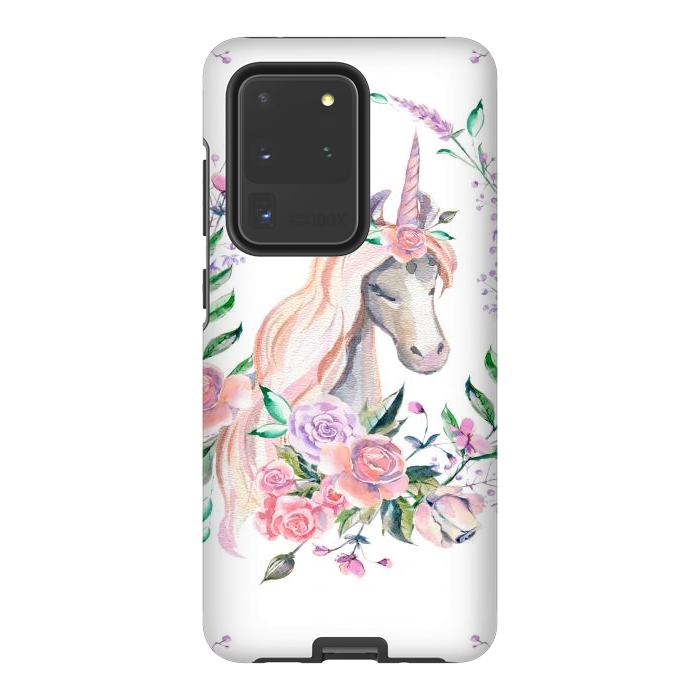 Galaxy S20 Ultra StrongFit watercolor floral unicorn by haroulita