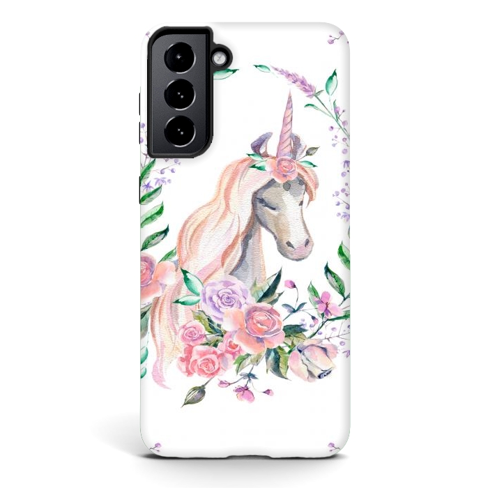 Galaxy S21 plus StrongFit watercolor floral unicorn by haroulita