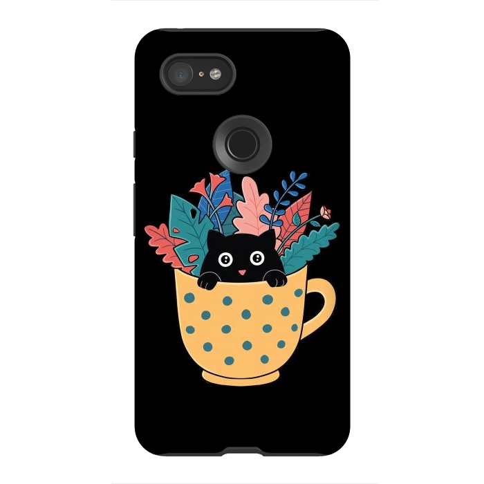 Pixel 3XL StrongFit Cat and flowers by Coffee Man