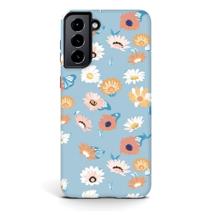 Galaxy S21 StrongFit Pastel daisy petals and butterflies - colorful aesthetic pattern by Oana 