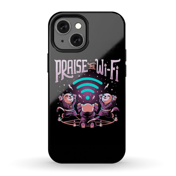iPhone 13 mini StrongFit Praise the Wifi Funny Evil Worship Cats by eduely