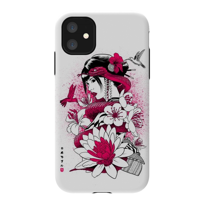iPhone 11 StrongFit Geisha with snake and hummingbirds by Alberto