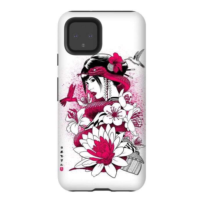 Pixel 4 StrongFit Geisha with snake and hummingbirds by Alberto