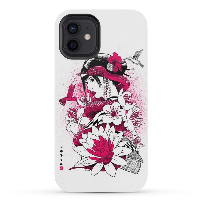iPhone 12 mini StrongFit Geisha with snake and hummingbirds by Alberto