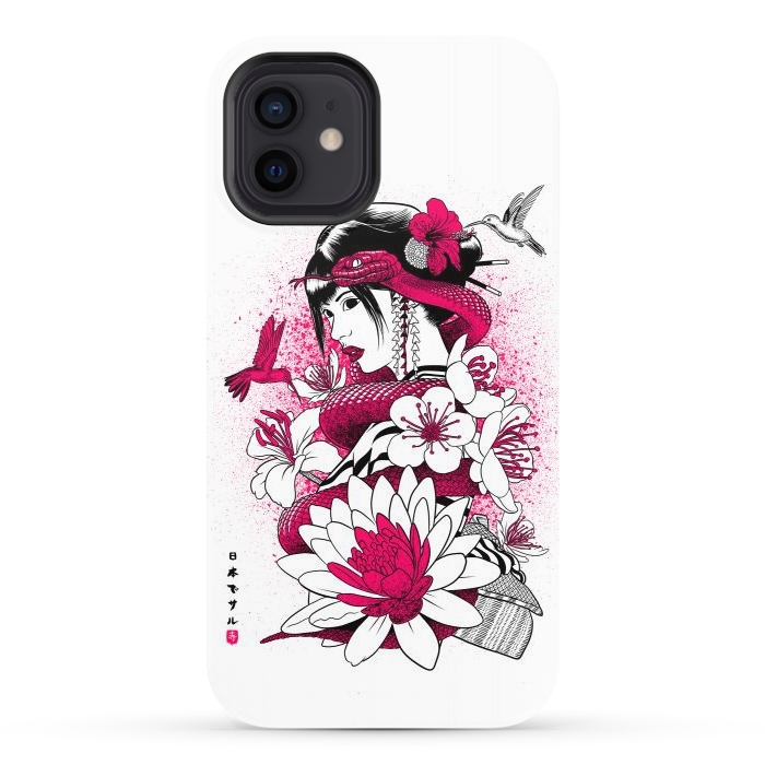 iPhone 12 StrongFit Geisha with snake and hummingbirds by Alberto