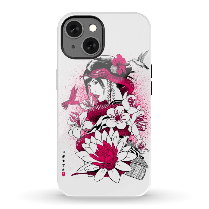 iPhone 13 StrongFit Geisha with snake and hummingbirds by Alberto