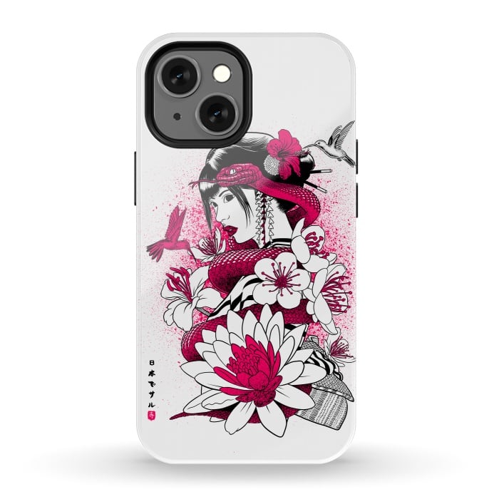 iPhone 13 mini StrongFit Geisha with snake and hummingbirds por Alberto