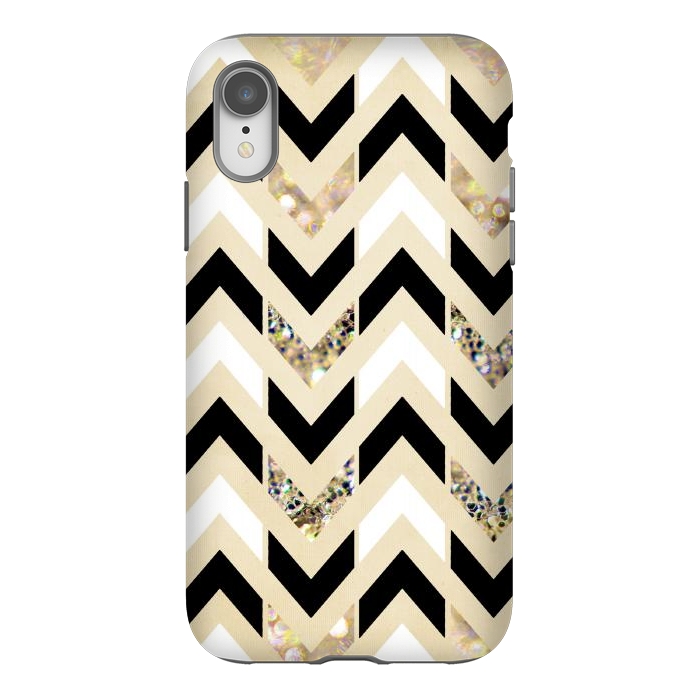 iPhone Xr StrongFit Black, White & Gold Glitter Herringbone Chevron by Tangerine-Tane