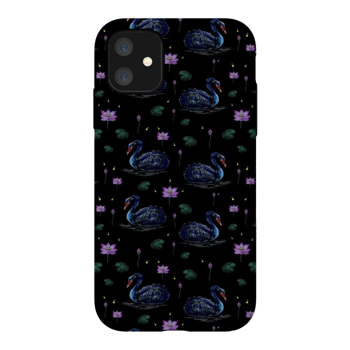 iPhone 11 StrongFit Black Swans in Lily Pond by Negin Mf