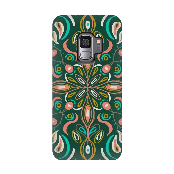 Galaxy S9 StrongFit Bold Boho Mandala in Green Coral and Gold by ECMazur 