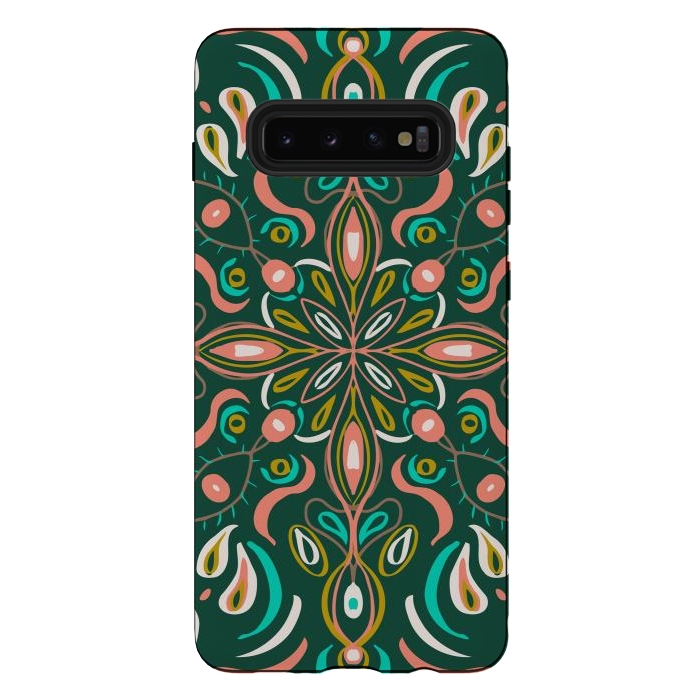 Galaxy S10 plus StrongFit Bold Boho Mandala in Green Coral and Gold by ECMazur 