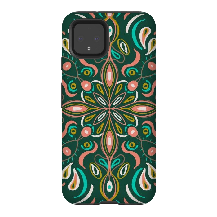 Pixel 4 StrongFit Bold Boho Mandala in Green Coral and Gold by ECMazur 