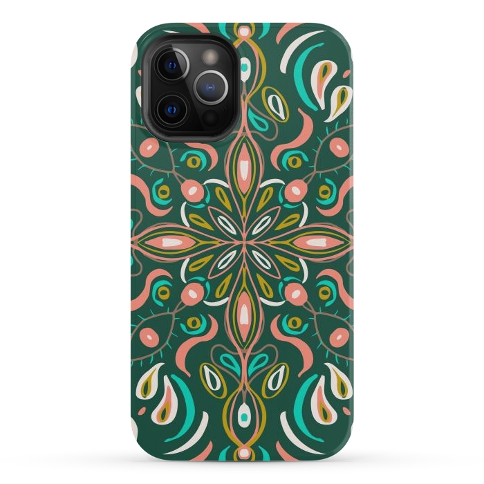 iPhone 12 Pro StrongFit Bold Boho Mandala in Green Coral and Gold by ECMazur 